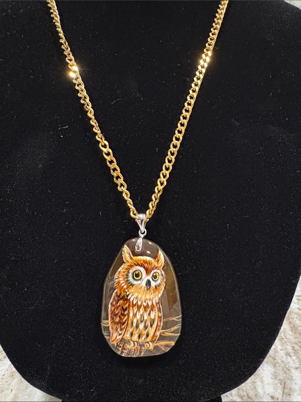 Gold-Tone Owl Pendant Necklace - Brown Owl Design Hand Painted.